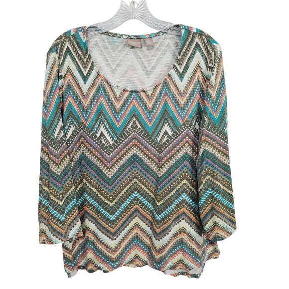 Chicos 2 Size L Top Chevron Print Desert Sunset 3/4 Long Sleeve Lightweight Boho - Picture 2 of 10